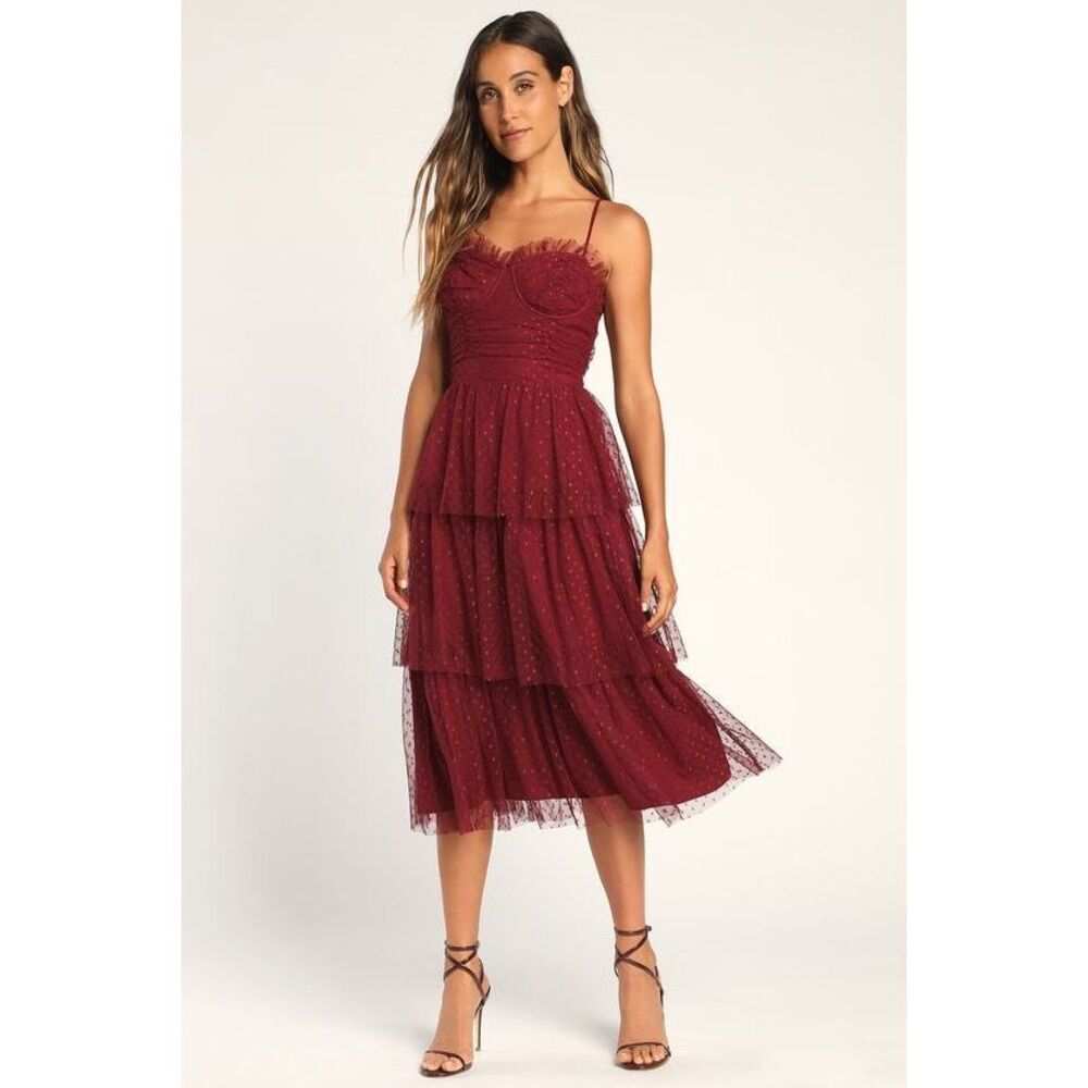 Lulus Sweetheart Style Burgundy Polka Dot Bustier Tiered Midi Dress - Size XL